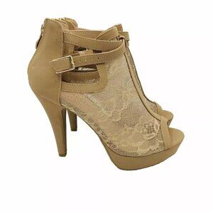 Lov Heels Womens Size 6 Beige Ankle Bootie Stiletto Mesh Net Buckle Open Toe Zip